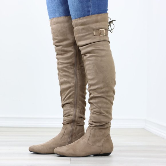Taupe Thigh High Over The Knee Flat Boots Faux Suede Laced Back - Picture 14 of 15